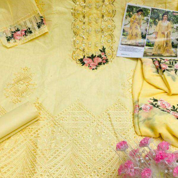 Yellow Pure Cotton Floral Embroidery Suit