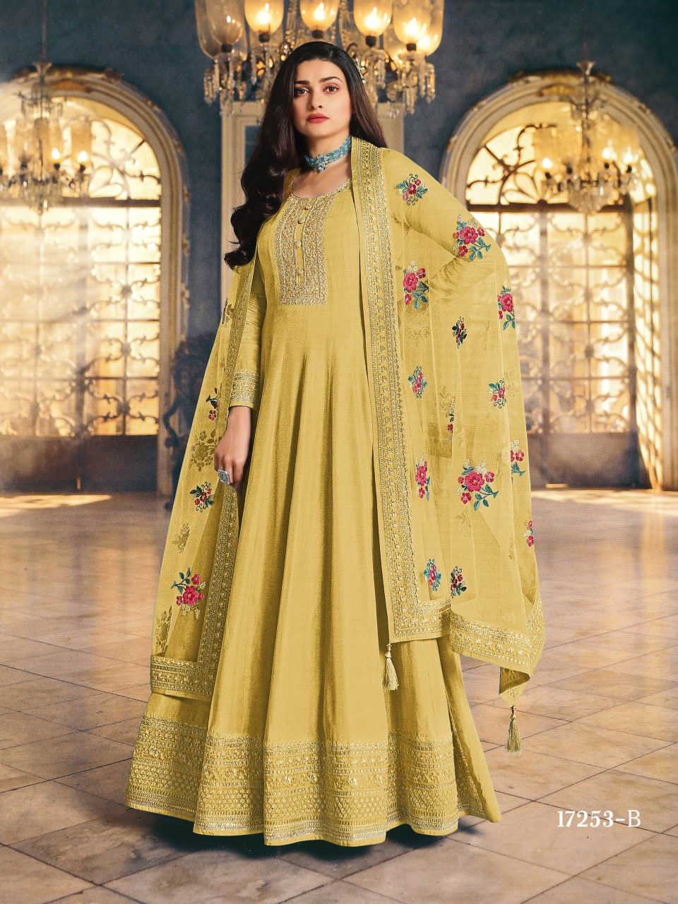 Sequins Embroidered Cotton Yellow Anarkali Gown With Jacket, 60% OFF