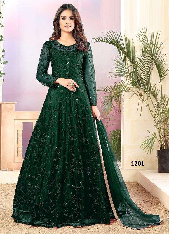 Green Color Hit Original Pakistani Style Festive Party Wear Long Anarkali Gown