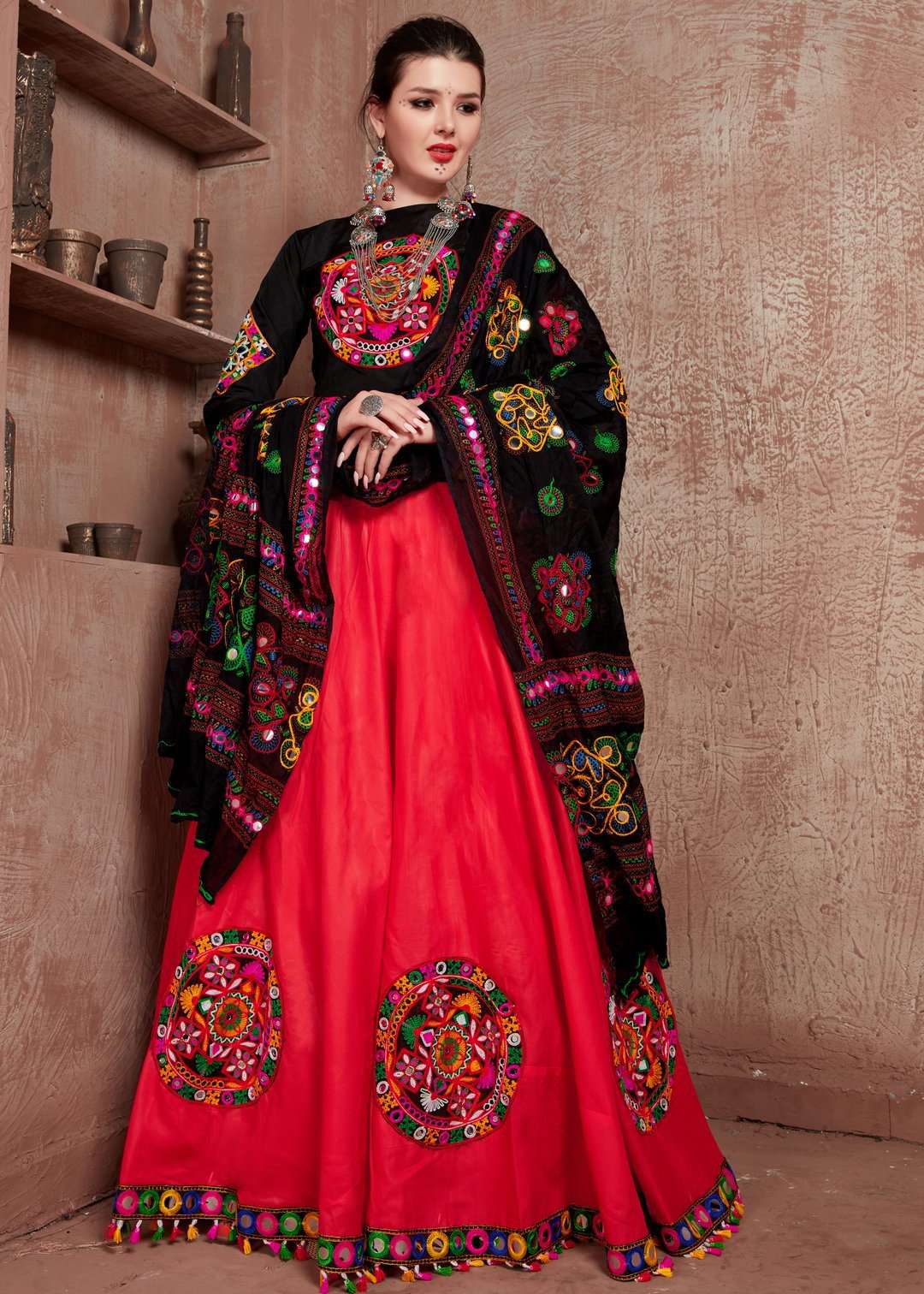 Navratri Special Traditional Wear Red and Black Color Lehenga Choli