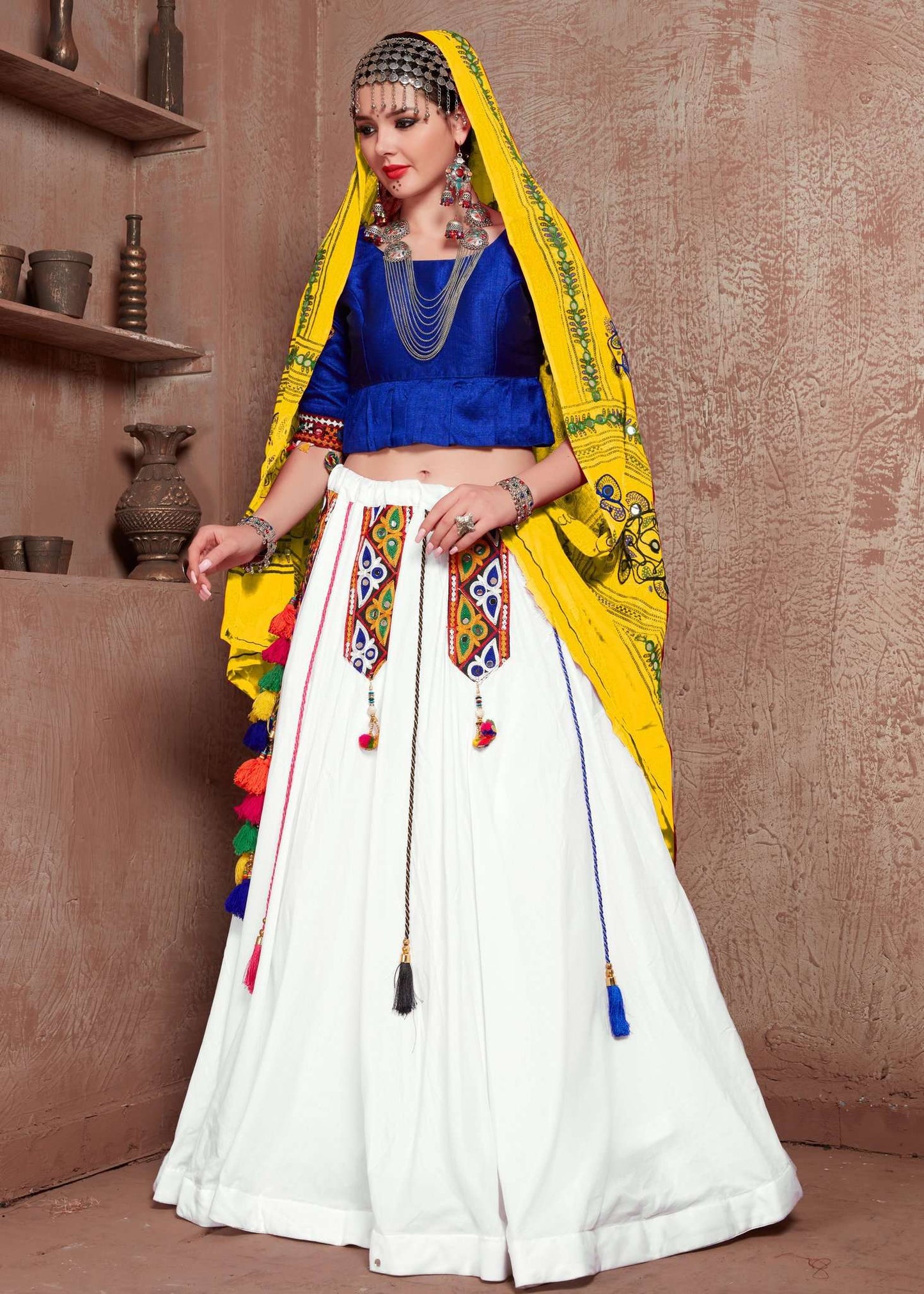 Navratri Special Traditional Wear Blue and White Color Lehenga Choli