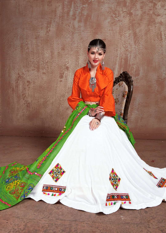 Navratri Special Combination Traditional Wear Orange White Color Lehenga Choli