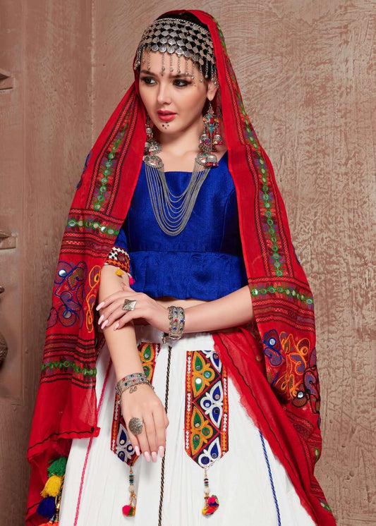 Navratri  Special Combination Traditional Wear Blue Red White Color Lehenga Choli