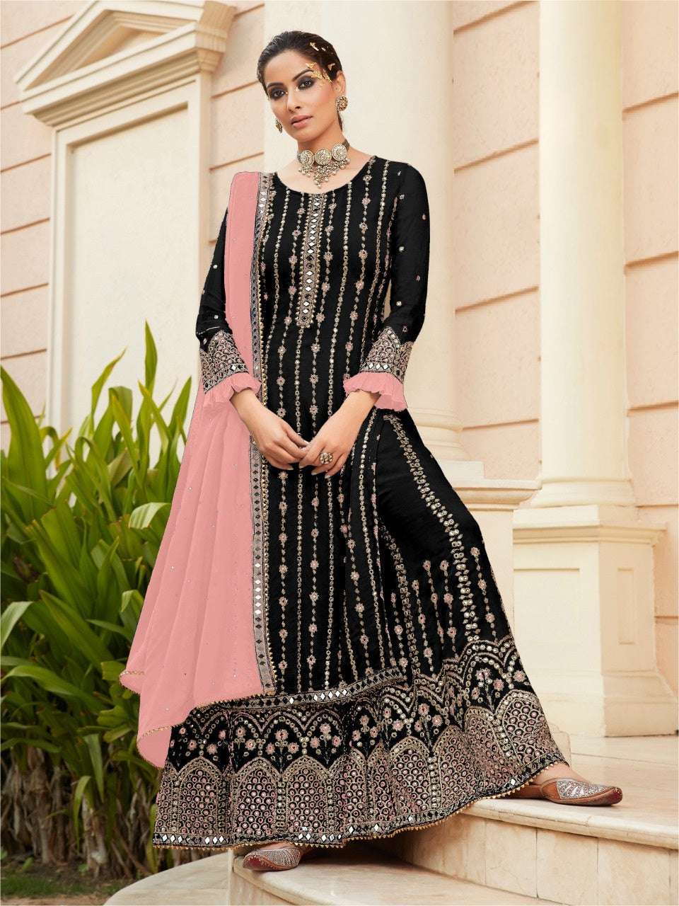 Colourful Partywear Embroidered Georgette Palazzo Suit