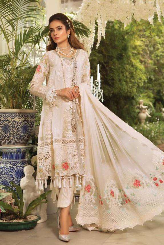 Staring Off White Colored Partywear Embroidered Georgette Pant Style Suit 42002
