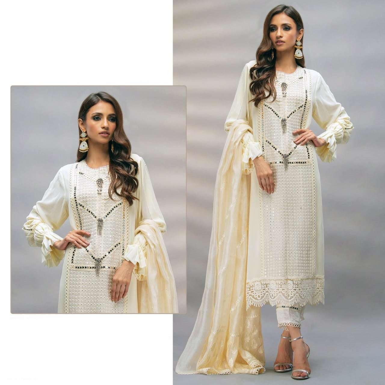 Ivory White Mirror Work Designer Suit