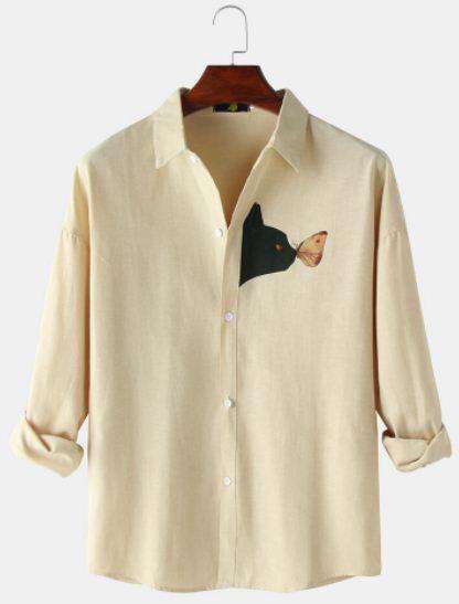 Black Cat Chest Print Plain Lapel Casual Shirts