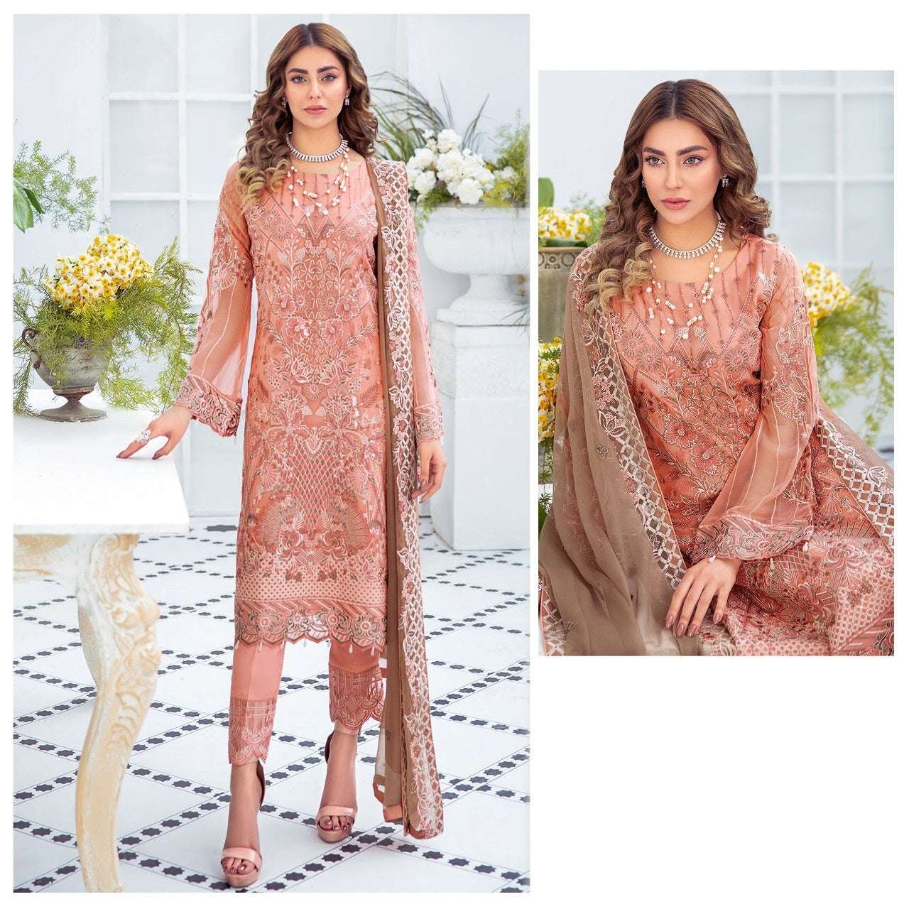 Peach Embroidered Sequence Pakistani Dress