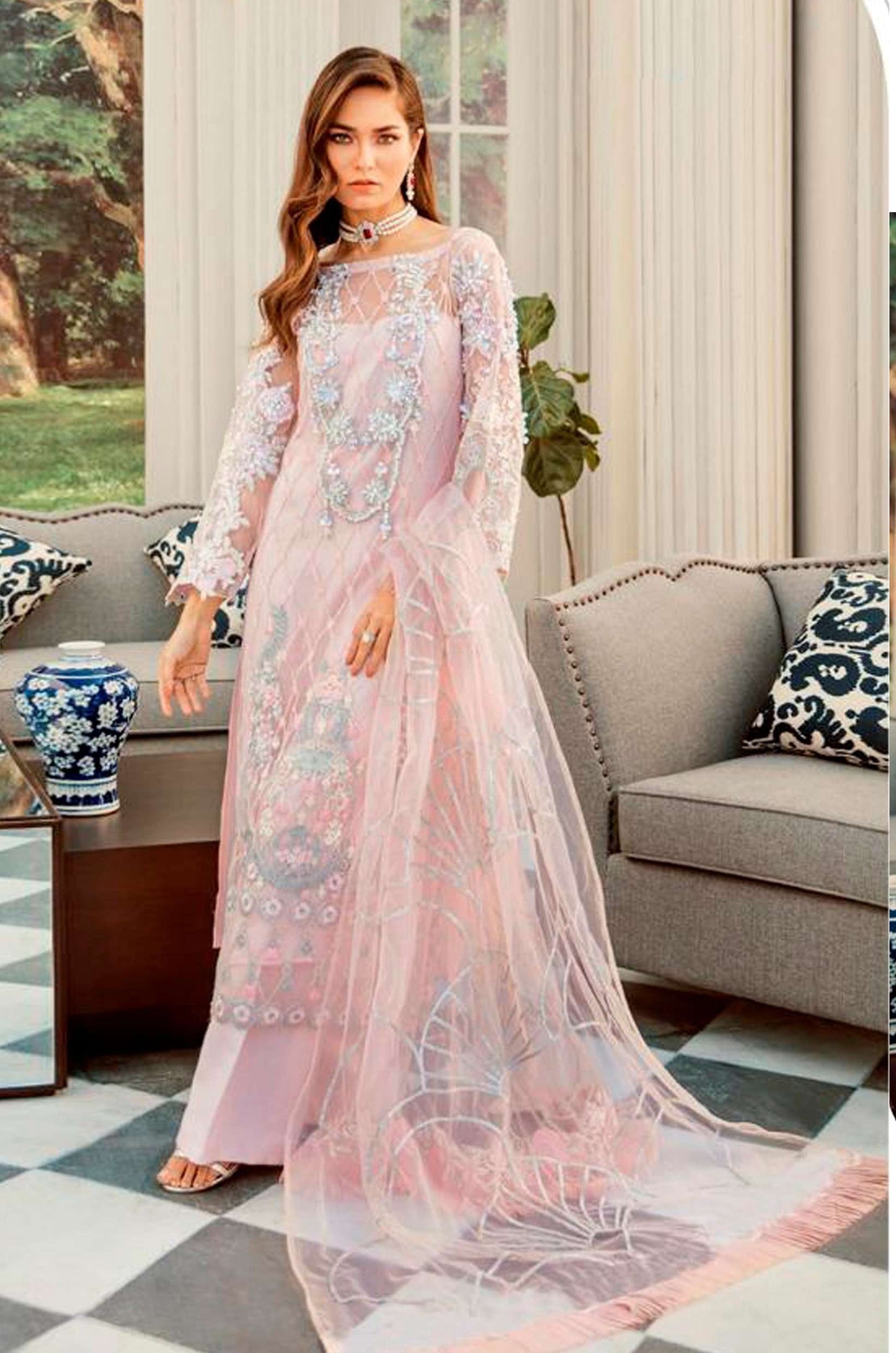 Pink Net Fabric Pakistani Suit Heavy Embroidery work Designer Wedding Wear