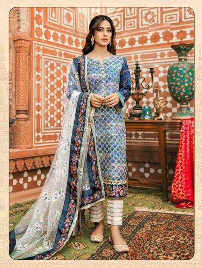 Blue Premium Designer Pakistani Style Suit 8022