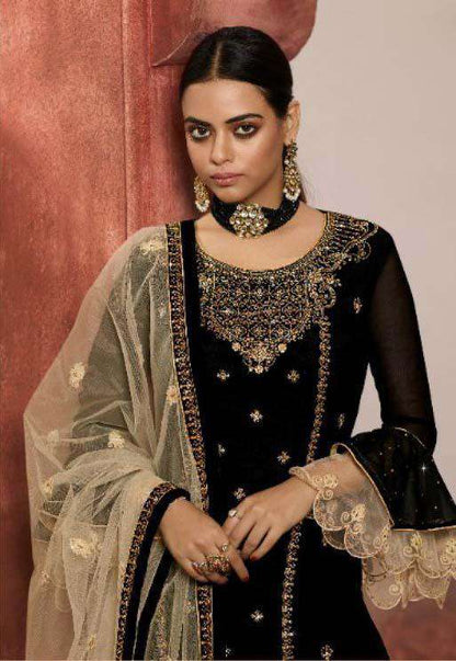 Splendorous Black Color Heavy Partywear Embroidered Georgette Sharara Suit